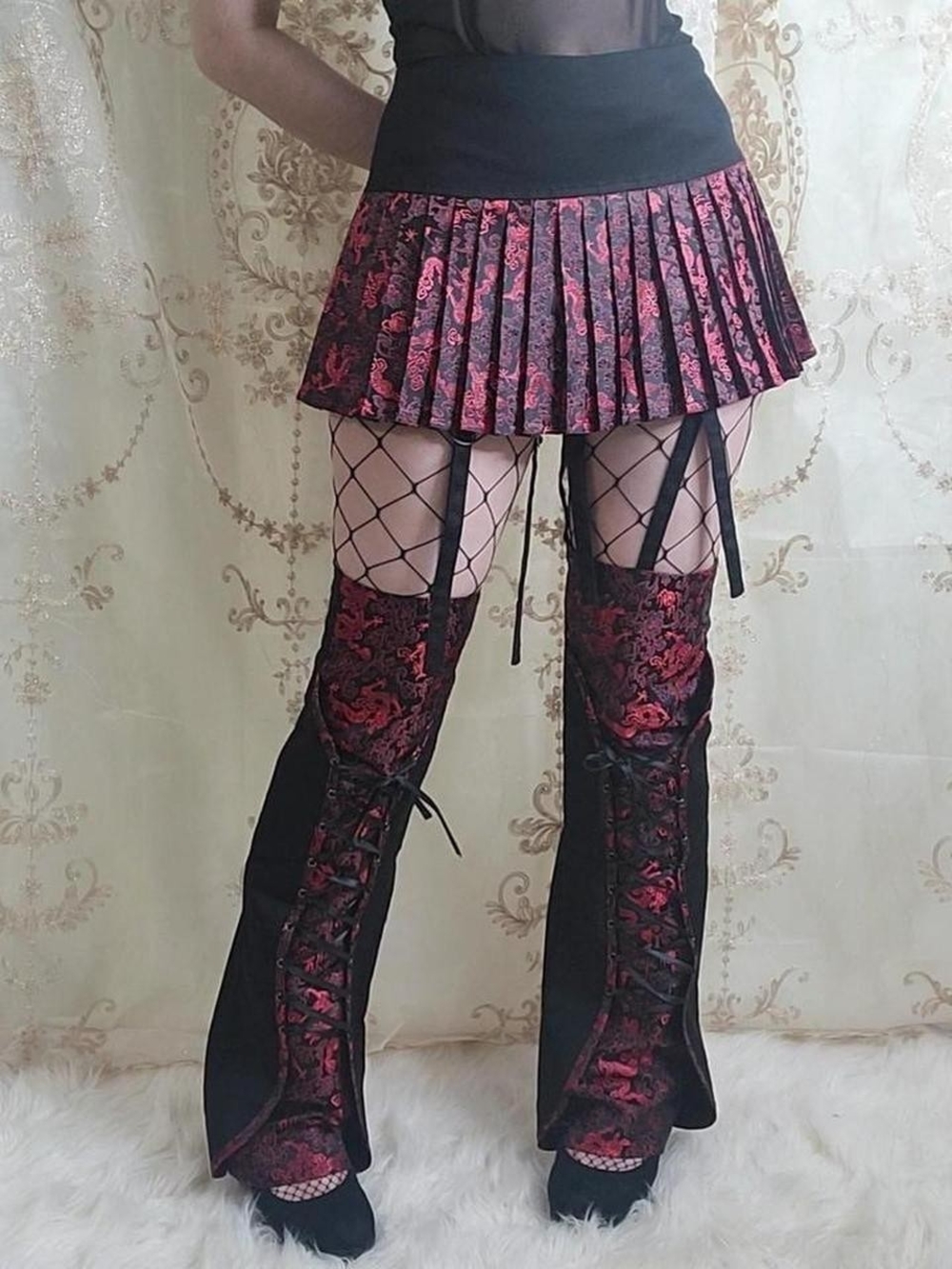 Punk Rave RARE Red and Black Dragon Brocade Skirt With Garter Leg Warmers